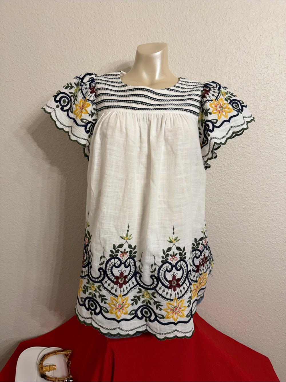 V Cristina White Embroidered Peasant Blouse with Navy, Yellow & Green Accents